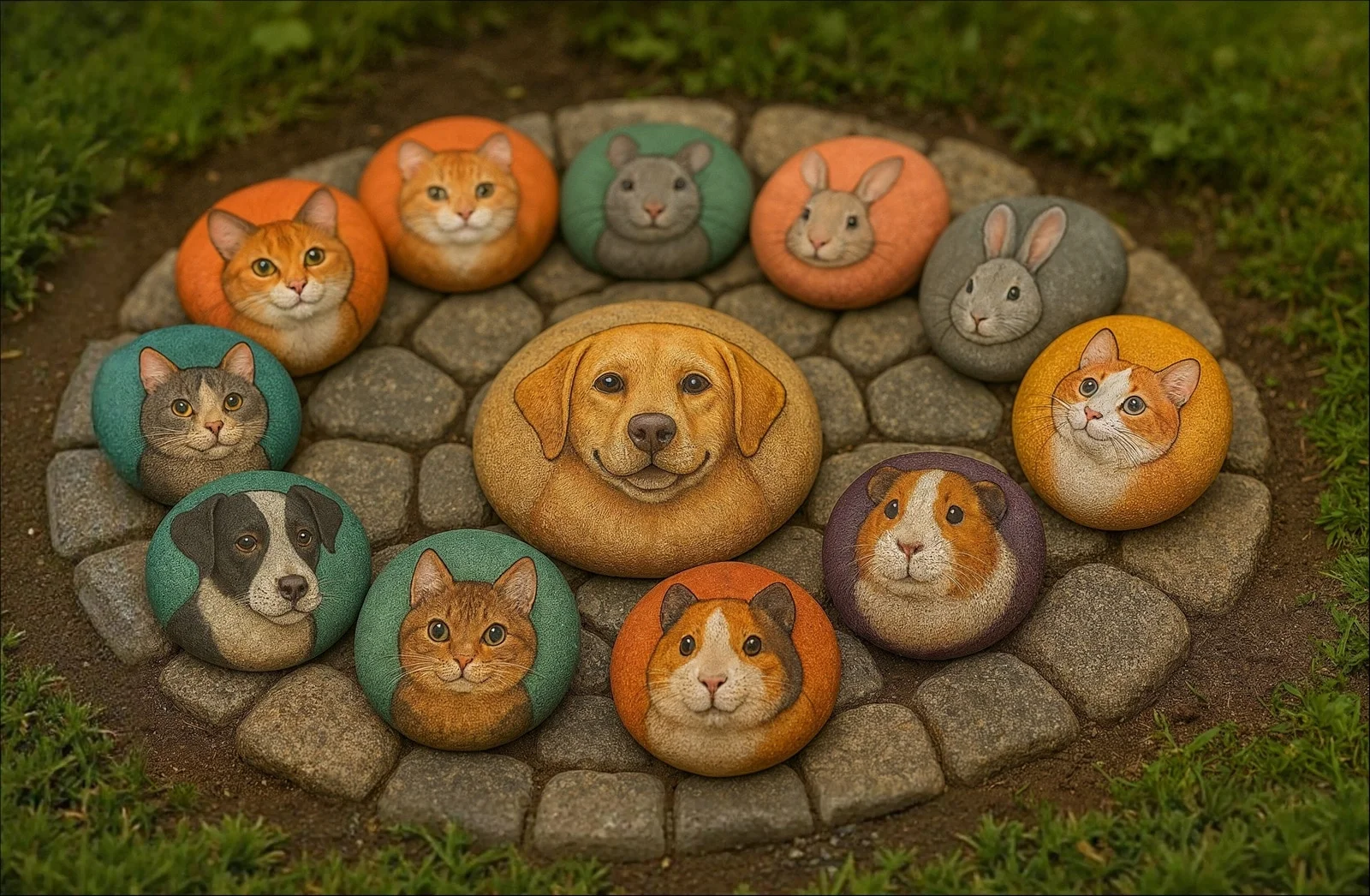 circulo de piedras con caras de mascotas que simbolizan la incineracion colectiva