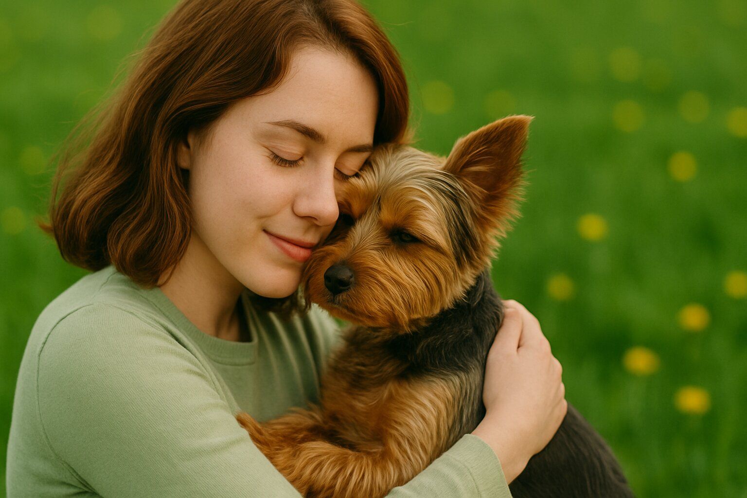 mujer abrazando a su perro york shire